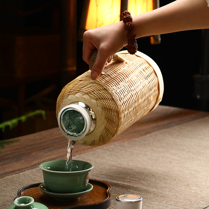 Woodworking Vacuum Press - 手織り竹製魔法瓶 木製栓付き ガラスライナー 温水ボトル 家庭用 茶室